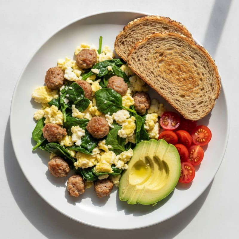 Egg White and Spinach Scramble with Turkey Sausage