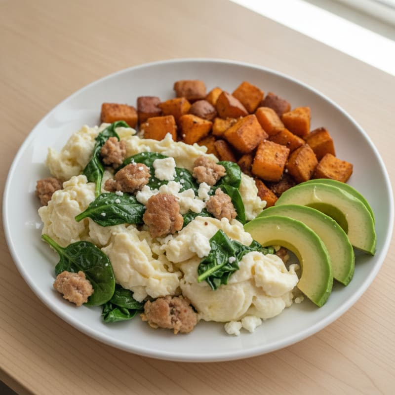 Egg White and Turkey Sausage Scramble with Spinach