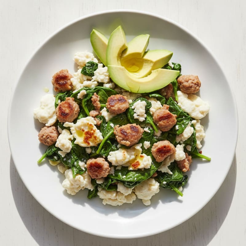 Egg White Scramble with Turkey Sausage and Sautéed Spinach