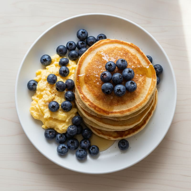 Fluffy Buttermilk-Style Oat Pancakes with Scrambled Eggs