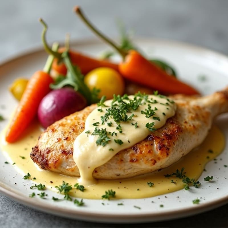 Tender Baked Chicken with Creamy Tahini-Lemon Sauce and Roasted Root Vegetables