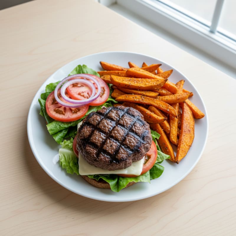 Lean Beef Burger with Roasted Sweet Potato Fries