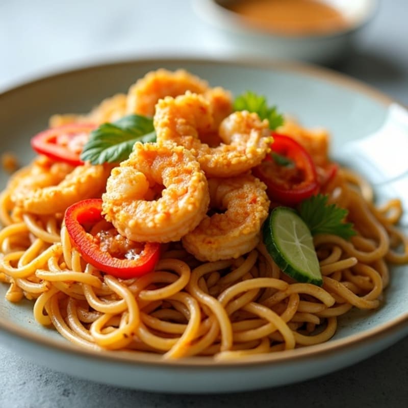 Crispy Shrimp with Tangy Peanut Noodles and Fresh Vegetables