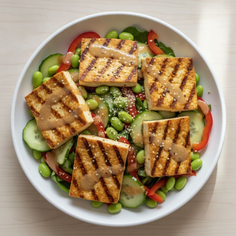 Grilled Tofu and Edamame Salad with Crunchy Vegetables