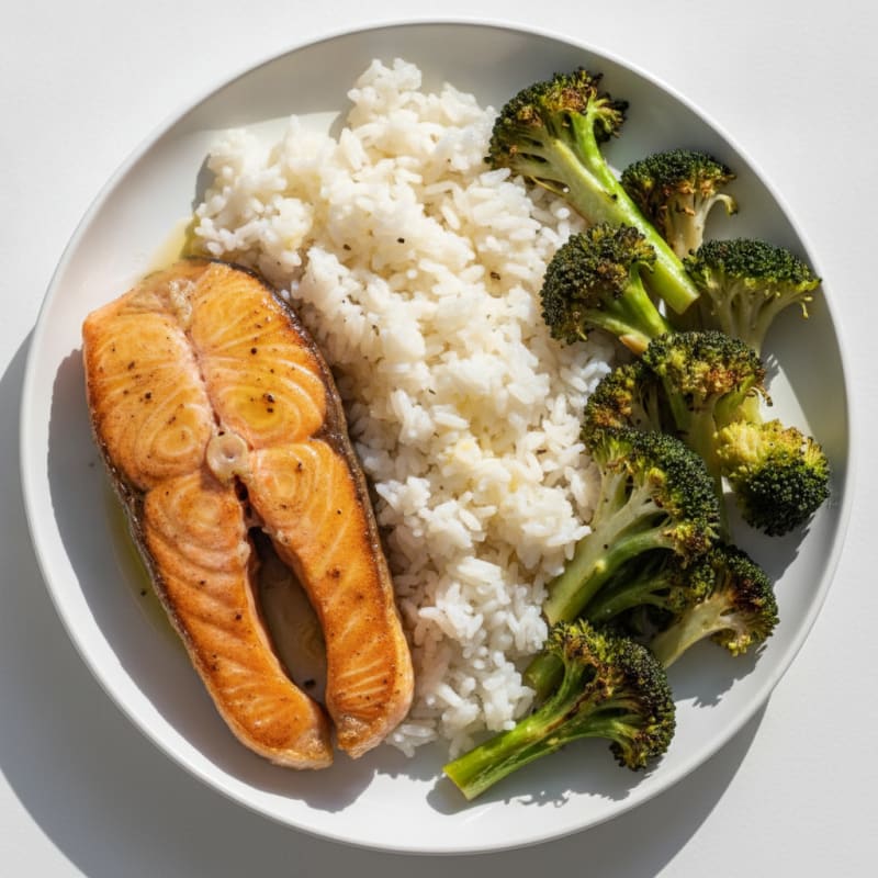 Seared Salmon with Steamed Rice and Roasted Broccoli