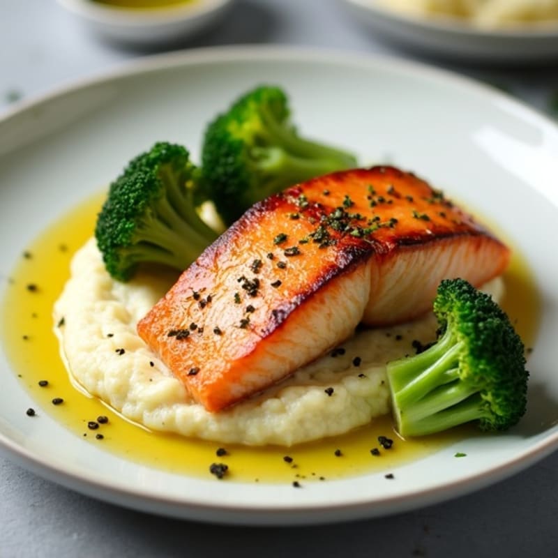 Seared Salmon with Steamed Broccoli and Garlic Cauliflower Mash