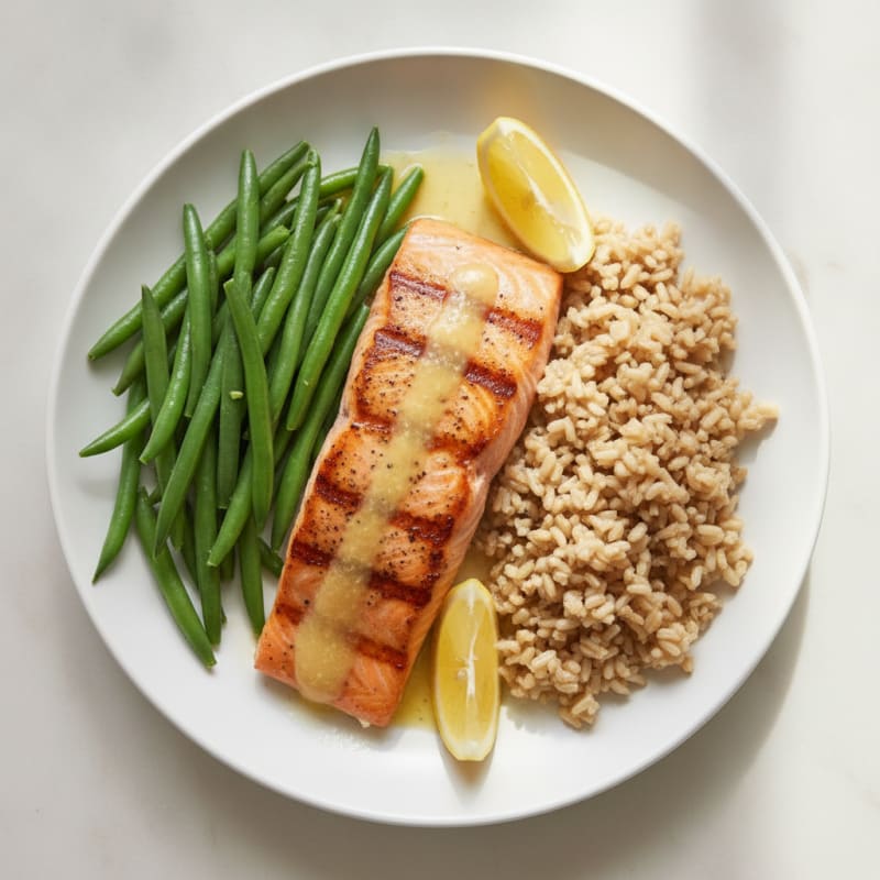 Seared Salmon Filet with Steamed Green Beans and Brown Rice
