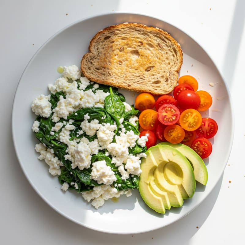 Egg White and Spinach Scramble with Cottage Cheese and Cherry Tomatoes