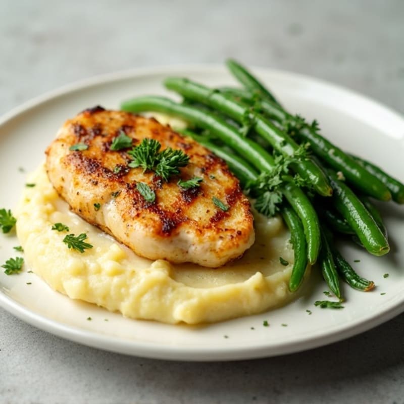 Garlic Herb Chicken with Creamy Buttery Garlic Mashed Potatoes and Roasted Green Beans