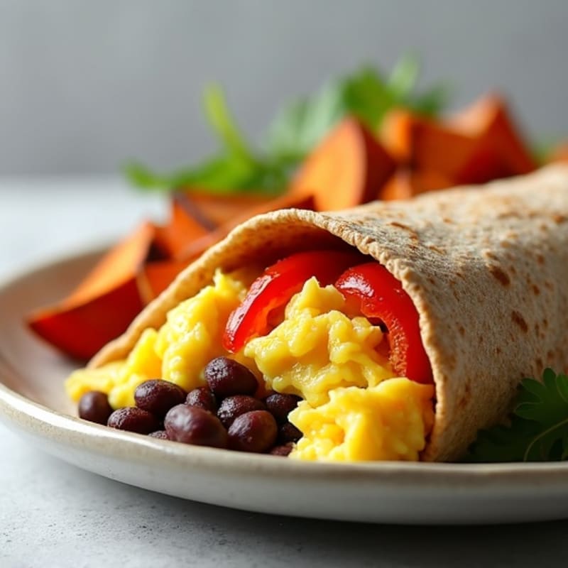 Hearty Scrambled Egg and Black Bean Whole Wheat Burrito with Roasted Sweet Potatoes