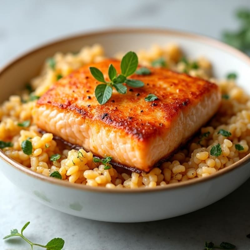 Crispy Pan-Seared Salmon with Creamy Cheesy Brown Rice