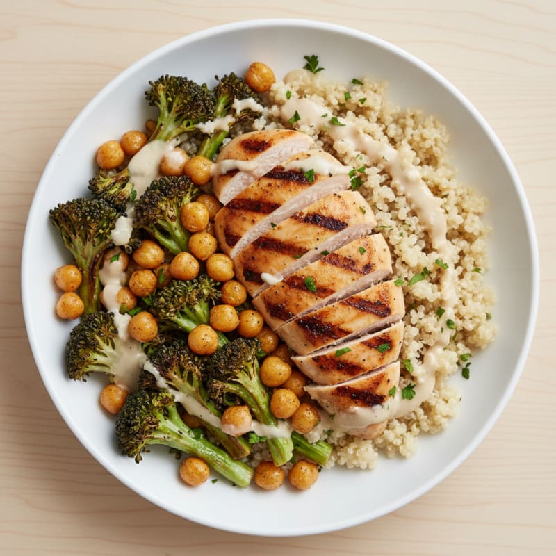 Grilled Chicken Quinoa Bowl with Roasted Broccoli and Chickpeas