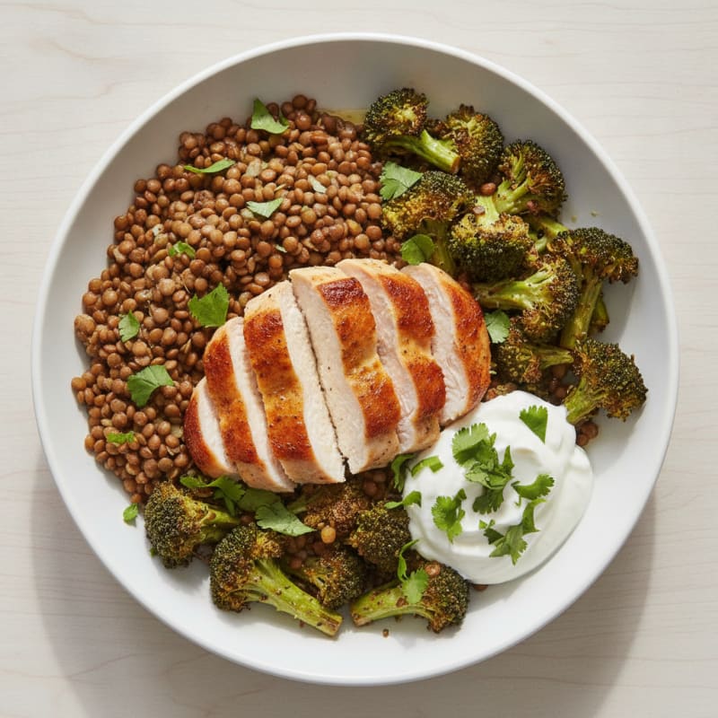 Lentil and Coriander Roasted Broccoli Bowl