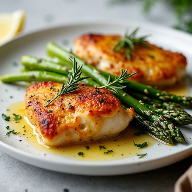 Crispy Lemon-Herb Roasted Chicken Thighs with Roasted Asparagus