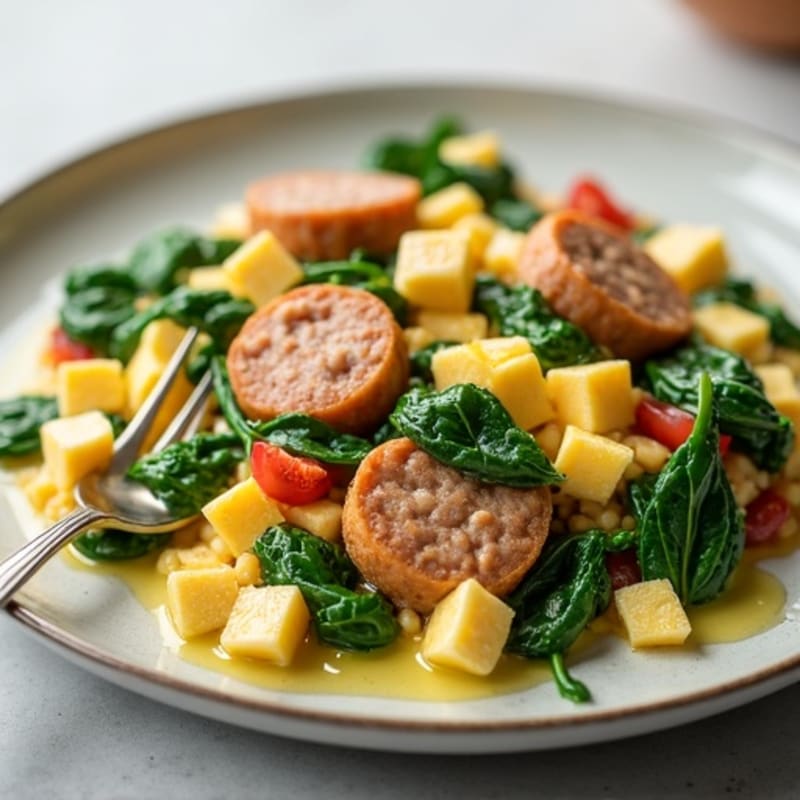 Egg White and Turkey Sausage Scramble with Spinach and Cottage Cheese