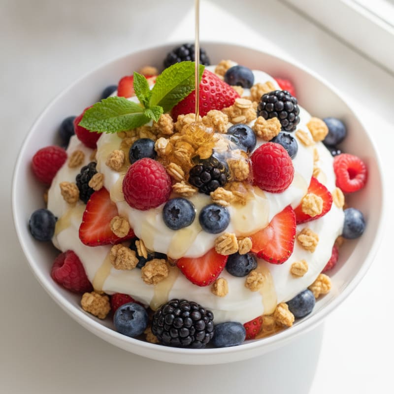 Greek Yogurt Parfait with Crunchy Granola and Mixed Berries