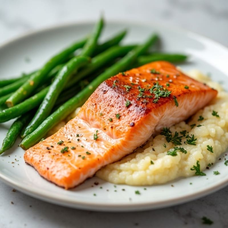 Seared Salmon with Steamed Green Beans and Cauliflower Mash