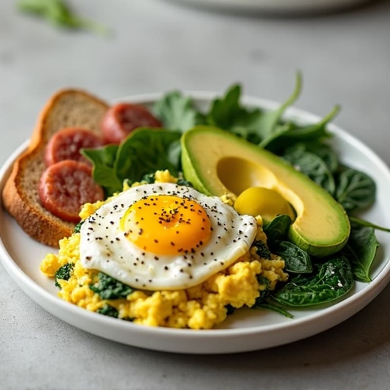 Egg White Scramble with Turkey Sausage and Sautéed Spinach