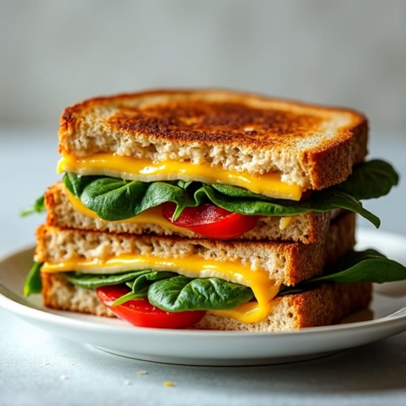 Triple-Decker Crispy Whole Grain Grilled Cheese with Fresh Spinach and Roasted Peppers