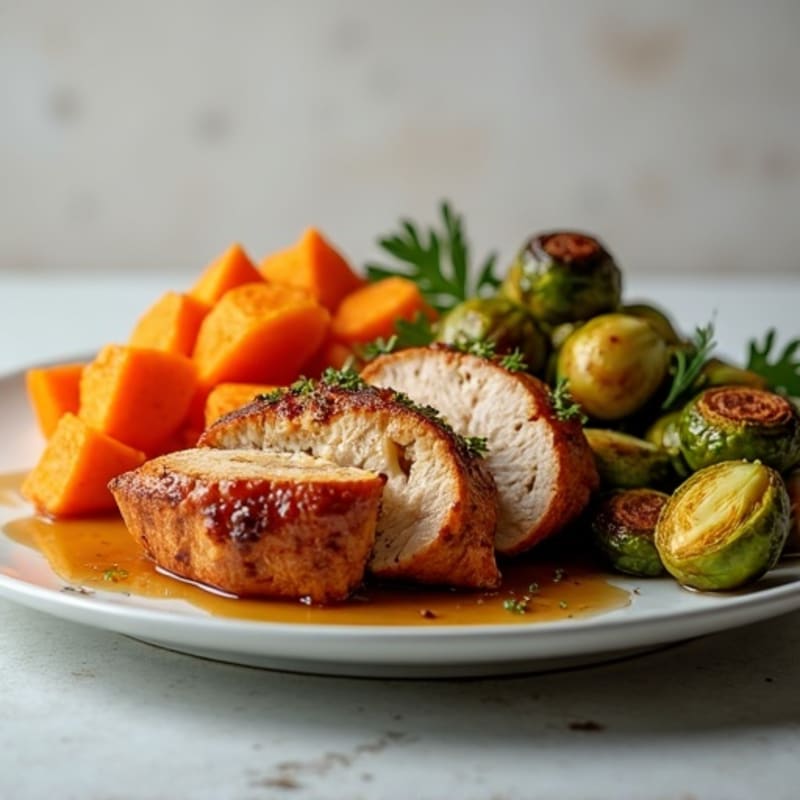 Maple-Glazed Pork Tenderloin with Roasted Sweet Potatoes and Crispy Brussels Sprouts