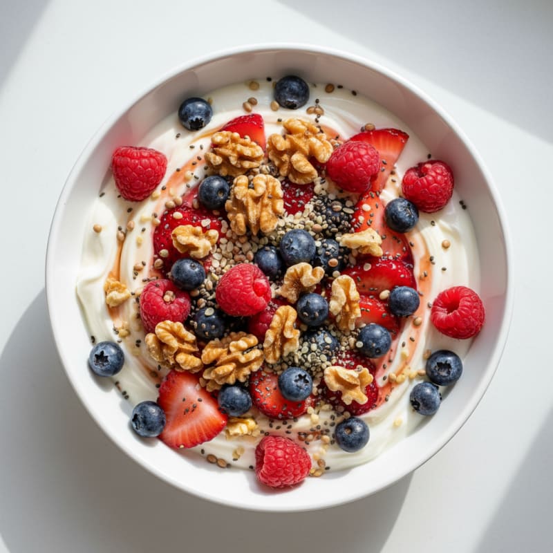 Creamy Greek Yogurt Bowl with Whey Protein, Mixed Berries, and Chia Seeds