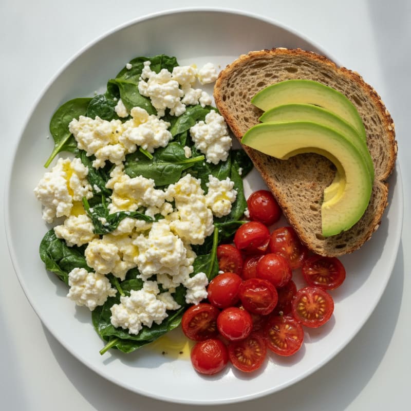 Egg White Spinach Scramble with Cottage Cheese and Cherry Tomatoes