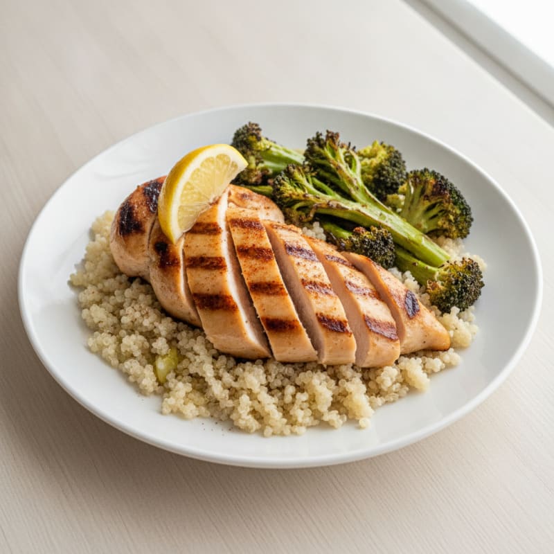 Grilled Chicken Breast with Quinoa and Roasted Broccoli