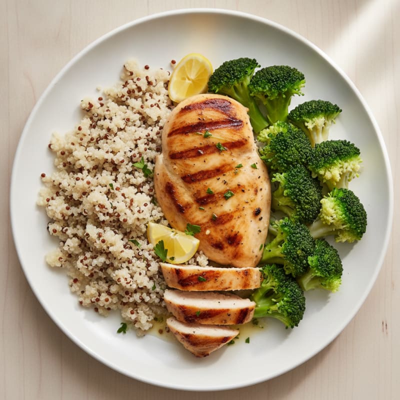 Grilled Chicken Breast with Steamed Broccoli and Quinoa