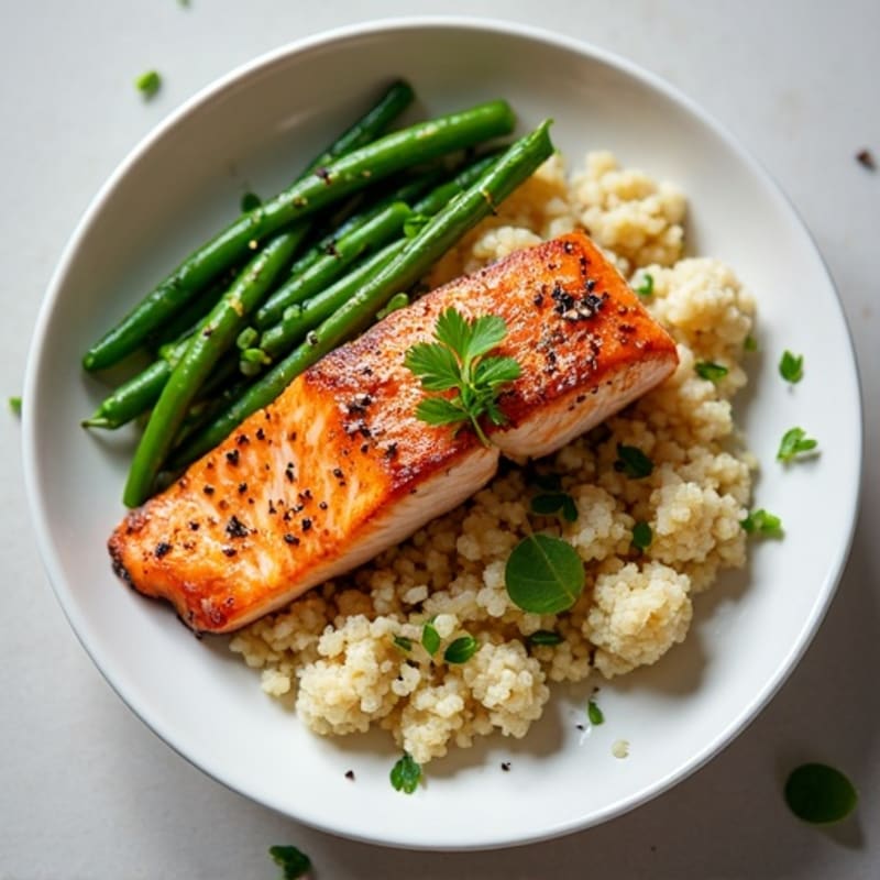 Seared Salmon with Sesame-Garlic Green Beans and Cauliflower Rice
