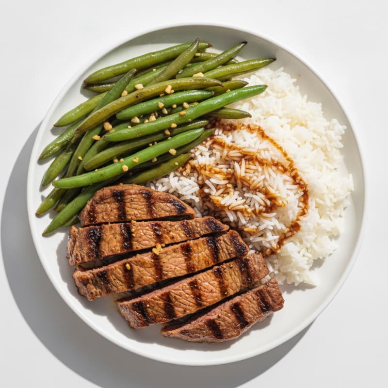 Seared Lean Beef with Garlic Green Beans and Steamed Jasmine Rice