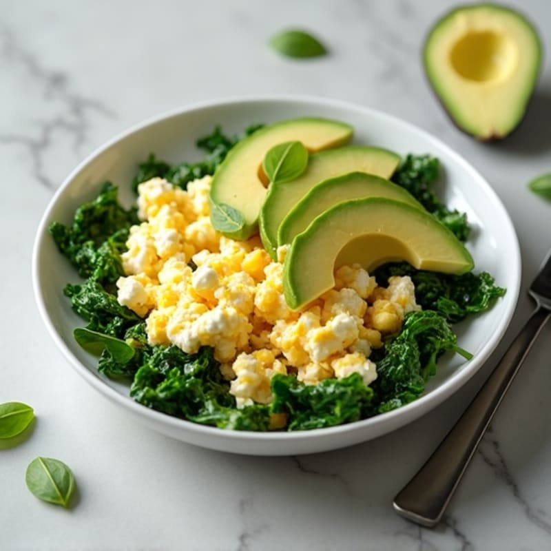 Egg White and Spinach Scramble with Cottage Cheese and Sliced Avocado