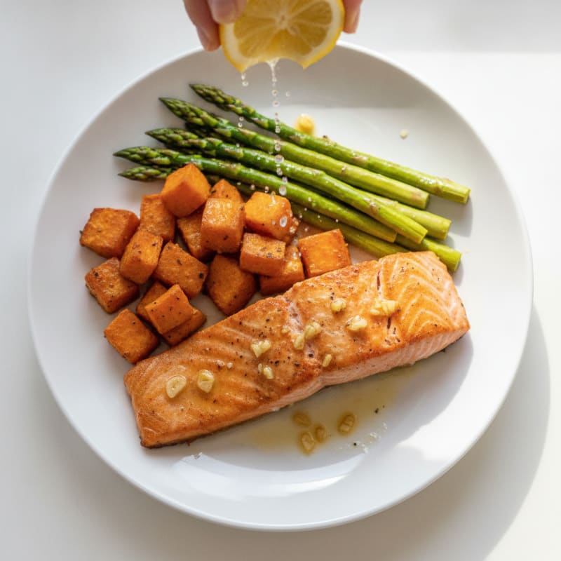 Seared Salmon with Roasted Sweet Potato and Asparagus