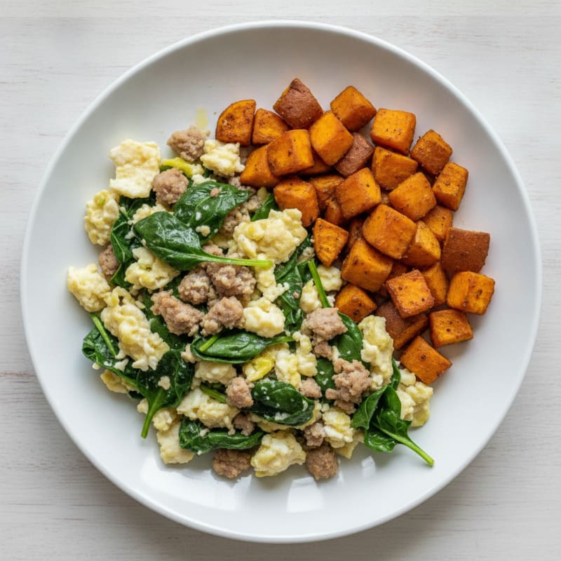 Egg White and Turkey Sausage Scramble with Spinach and Roasted Sweet Potato