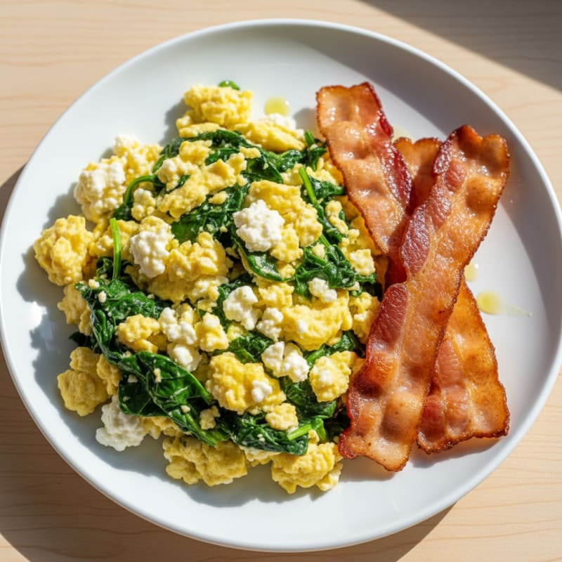 Cottage Cheese Egg Scramble with Spinach and Turkey Bacon