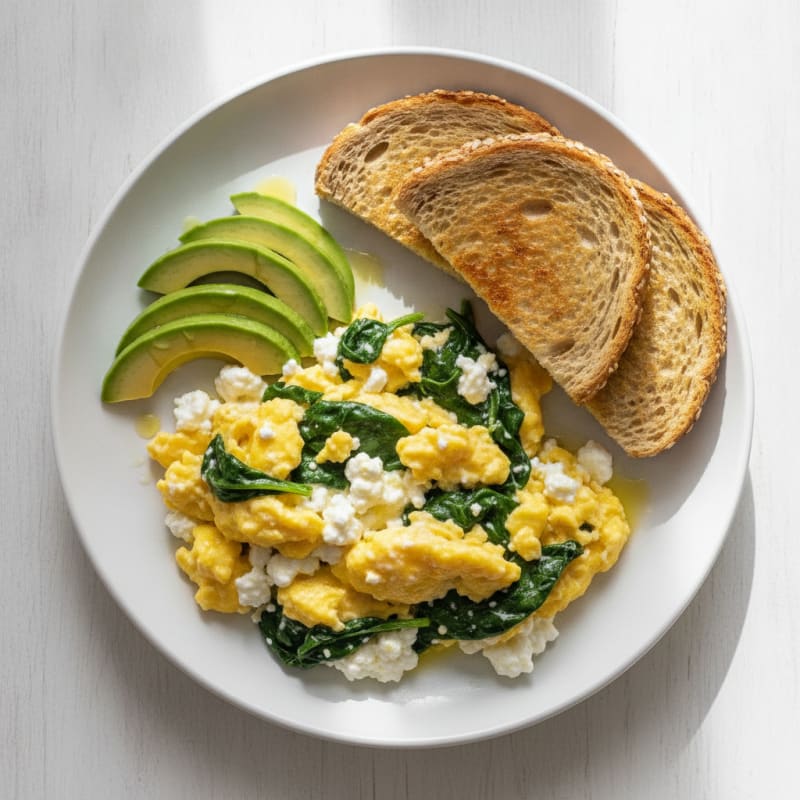 Creamy Scrambled Eggs with Cottage Cheese and Sautéed Spinach