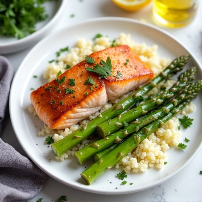 Seared Salmon with Steamed Asparagus and Lemon-Herb Cauliflower Rice