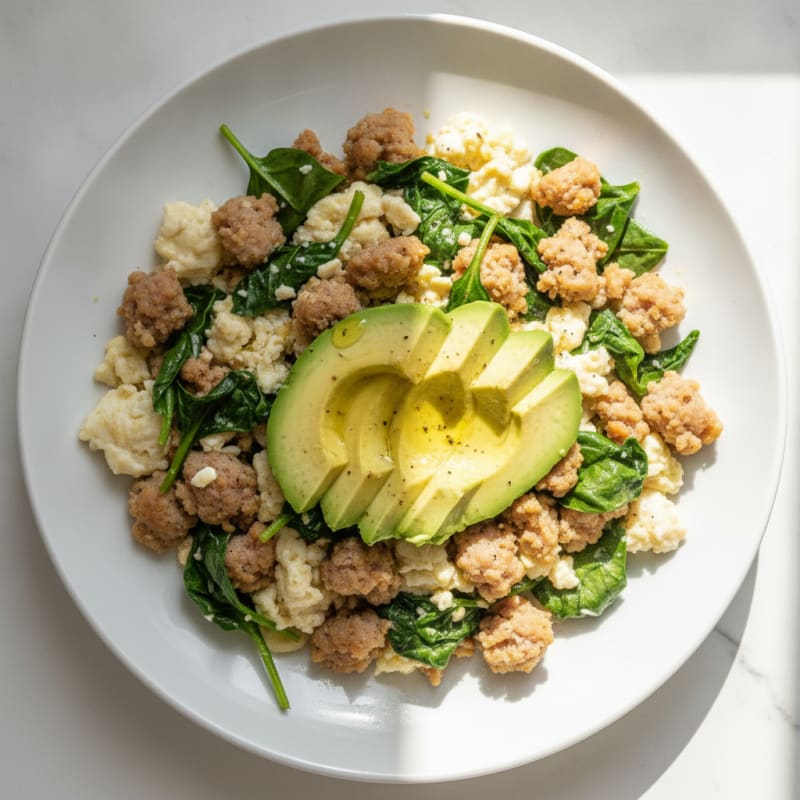 Egg White Scramble with Turkey Sausage and Sautéed Spinach
