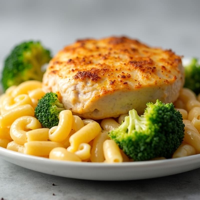 High Protein Chicken Mac and Cheese Bake with Broccoli
