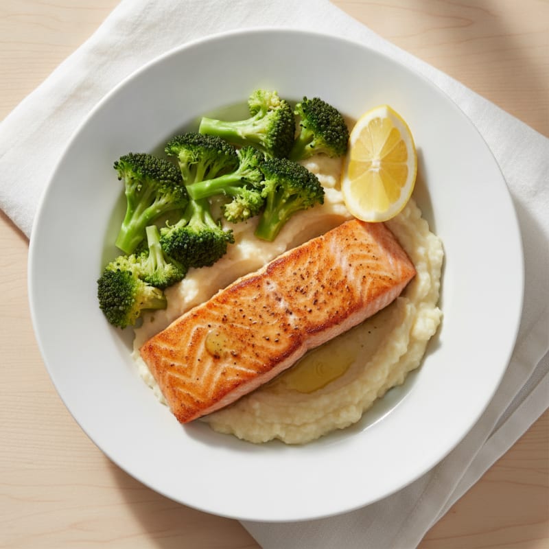 Seared Salmon Fillet with Steamed Broccoli and Garlic Cauliflower Mash