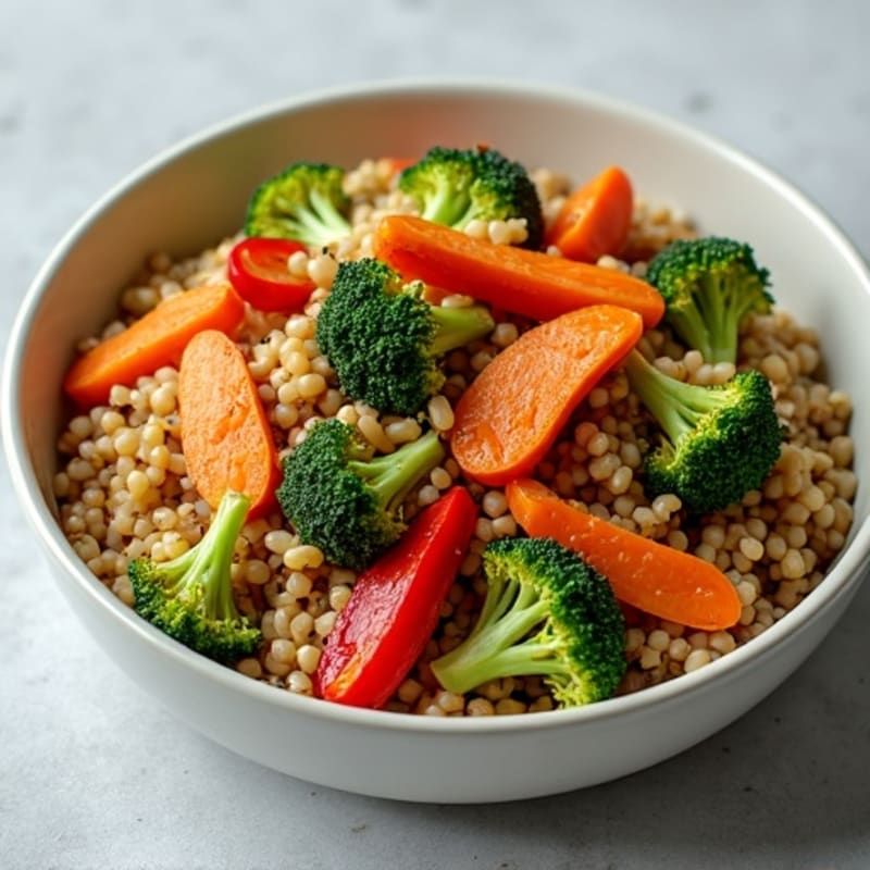 Roasted Broccoli and Pepper Lentil Orzo with Caramelized Onion and Crunchy Carrot