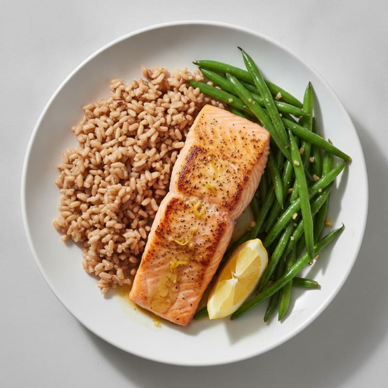 Seared Salmon Fillet with Garlic Green Beans and Brown Rice