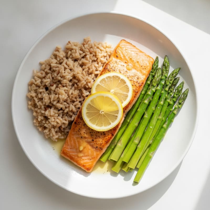 Seared Salmon with Steamed Asparagus and Brown Rice