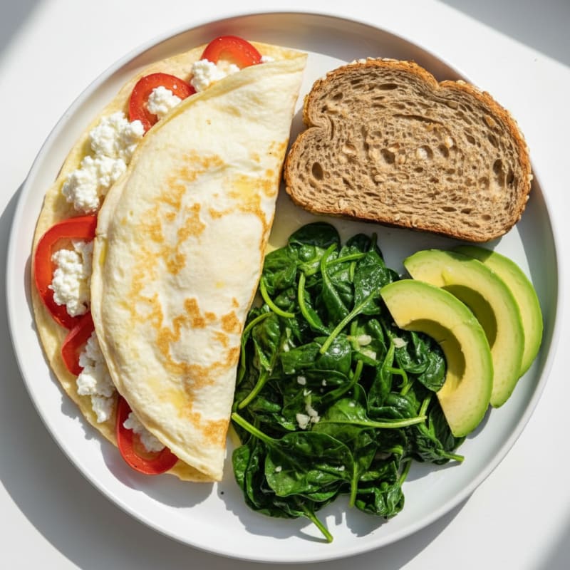 Egg White Vegetable Omelette with Cottage Cheese and Sautéed Spinach