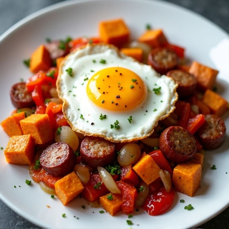 Crispy Turkey Sausage and Sweet Potato Hash with Eggs