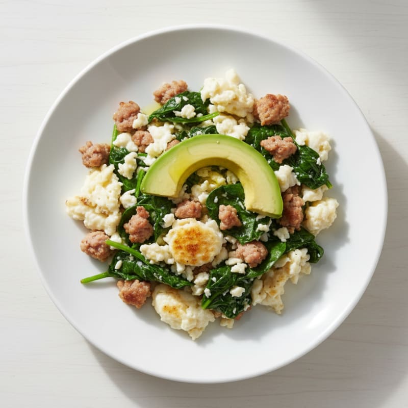 Egg White Scramble with Turkey Sausage and Sautéed Spinach