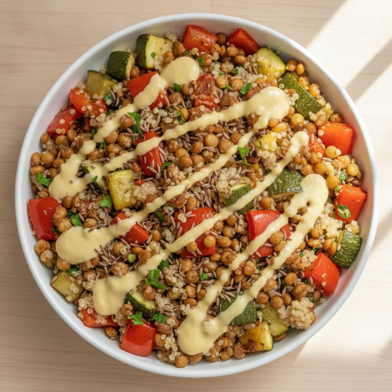 Crispy Lentil Quinoa Bowl with Roasted Vegetables