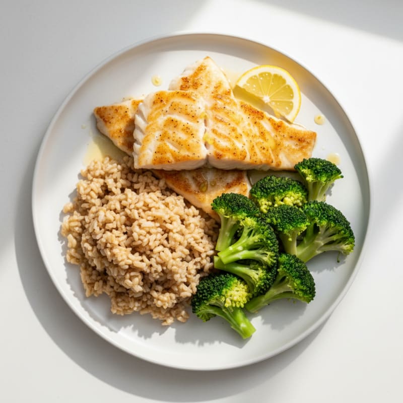Pan-Seared Cod with Steamed Broccoli and Brown Rice