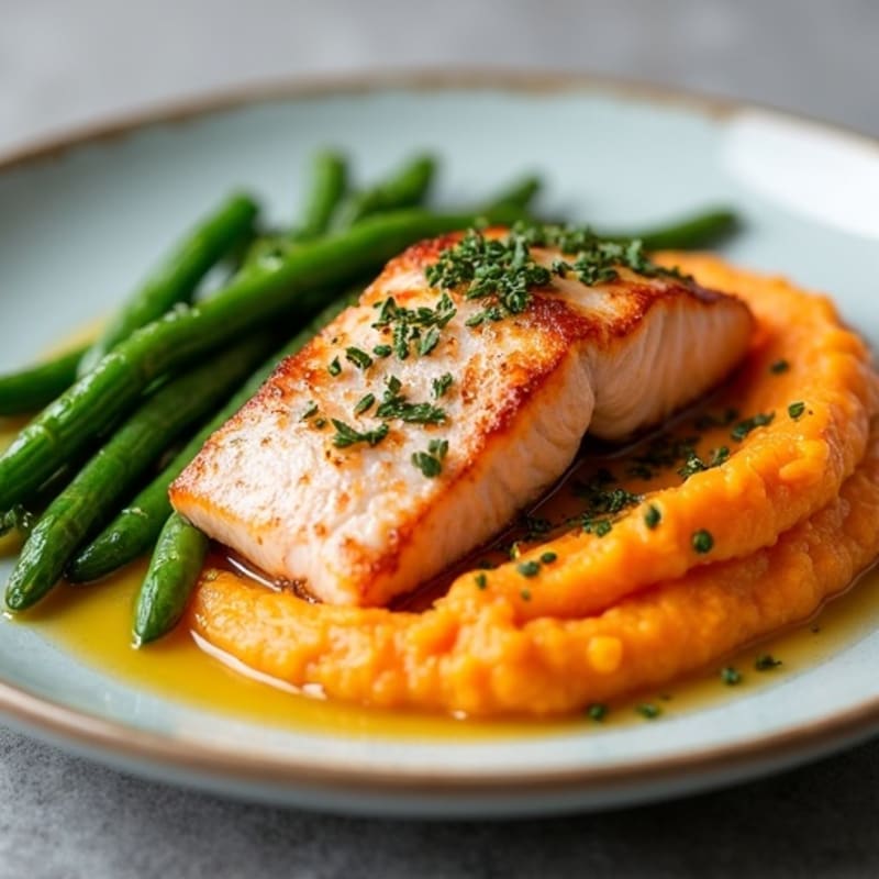 Seared Salmon with Garlic Green Beans and Sweet Potato Mash