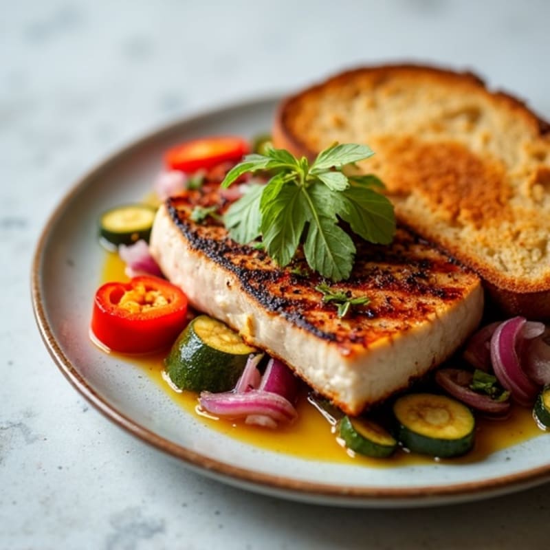 Seared Tuna Steak with Roasted Vegetables and Toasted Whole-Grain Bread