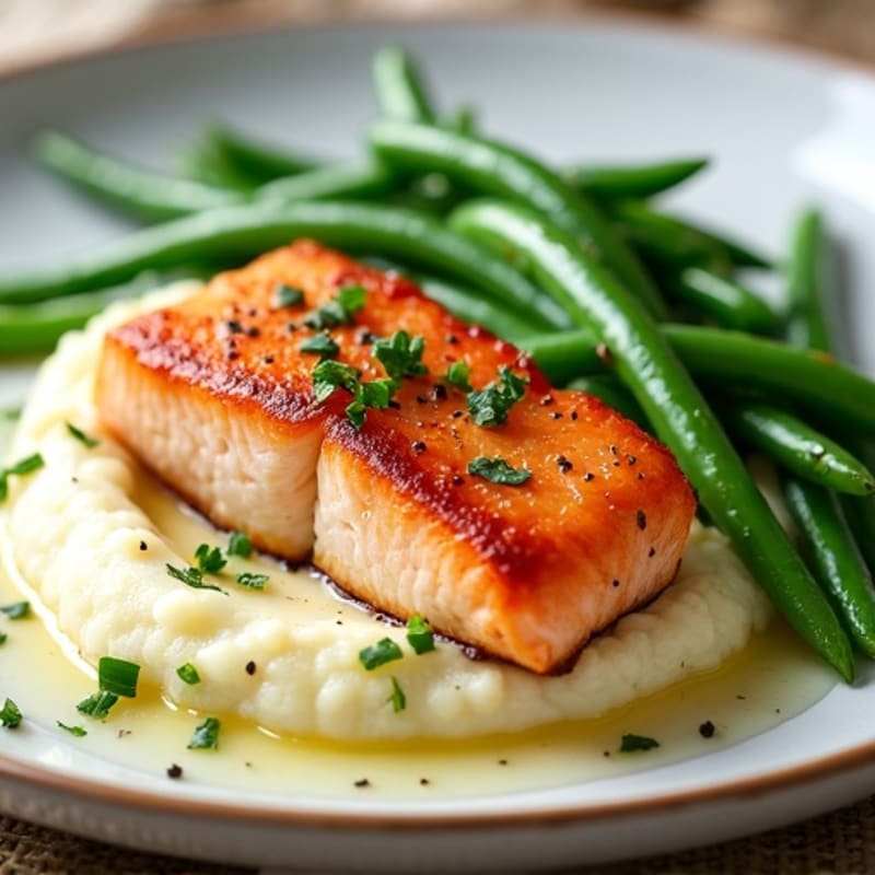 Seared Salmon with Garlic Green Beans and Cauliflower Mash